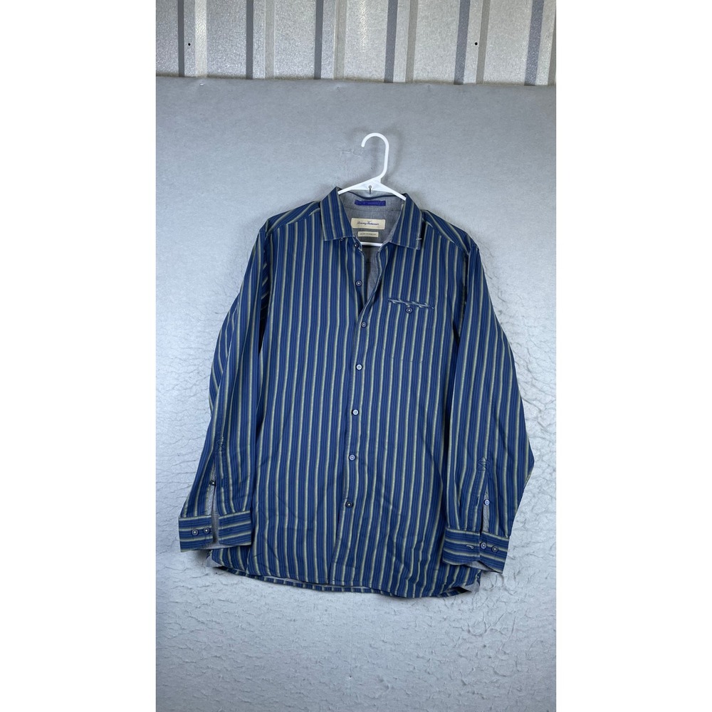Tommy Bahama Button Down Mens Medium Blue Gold Excellent Cotton Silk Striped